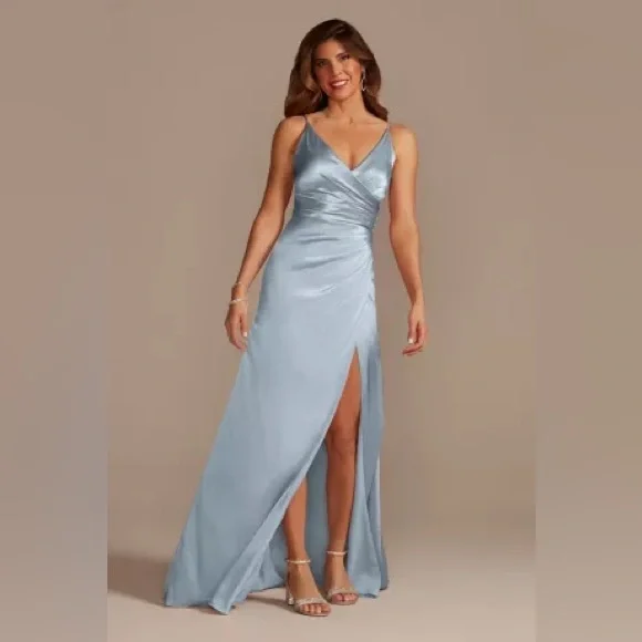 strappy bridesmaid dresses Slate Blue Spaghetti Straps Wrap Slit Chiffon Bridesmaid Dress